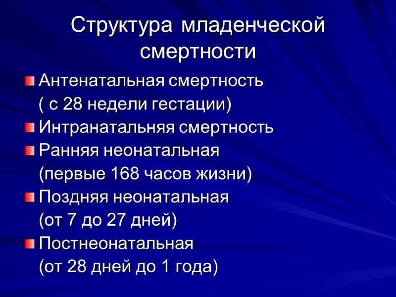 Структура младенческой смертности Антенатальная смертность     ( с 28 недели гестации)